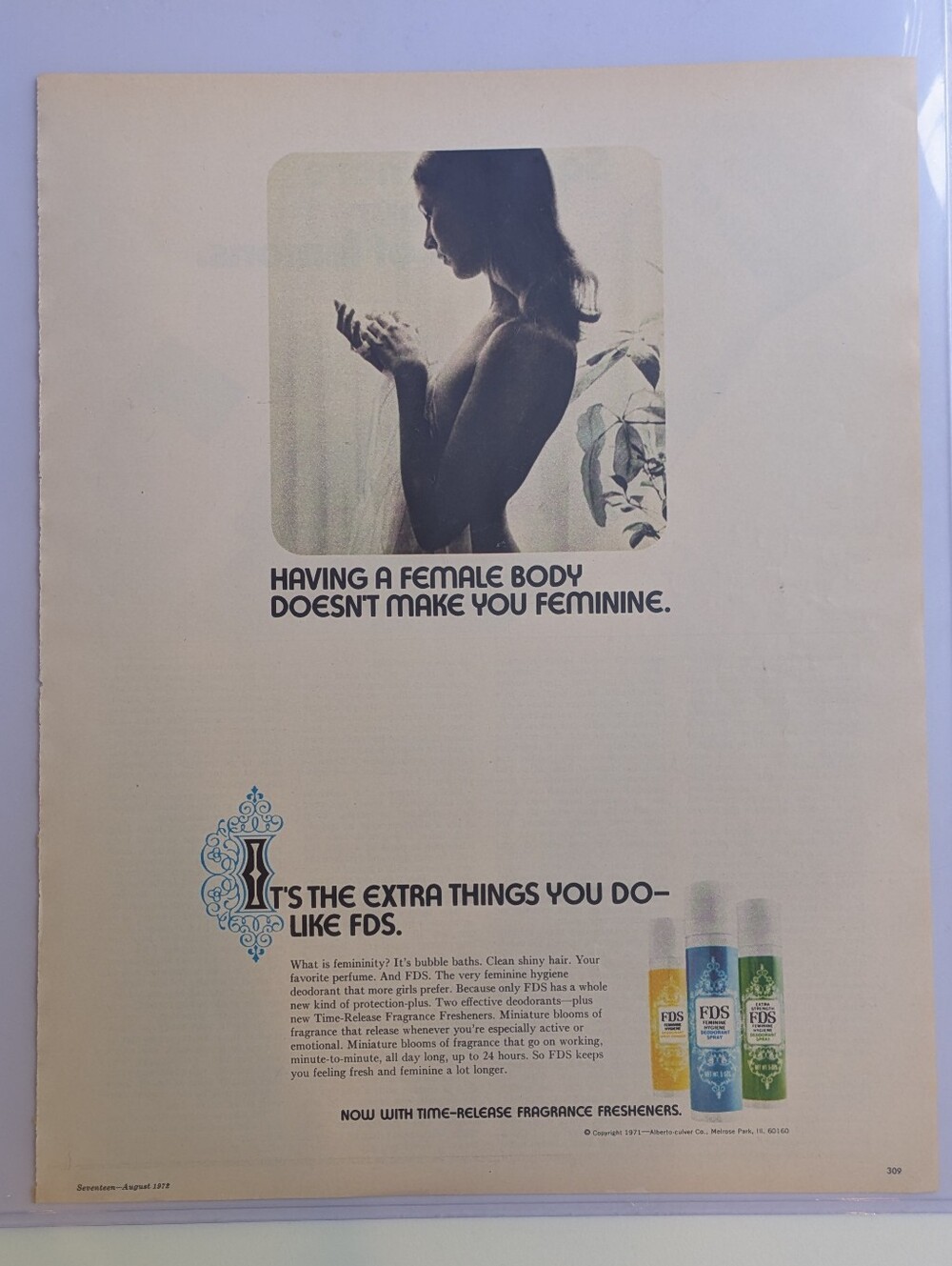 Vintage 1972 Ad: FDS Feminine Hygiene, Seventeen Magazine, White Rain, 70s